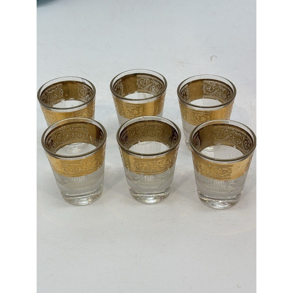 Vintage Starlyte Gold Scroll Shot Cordial Glasses Set of 6 MCM Barware Signed